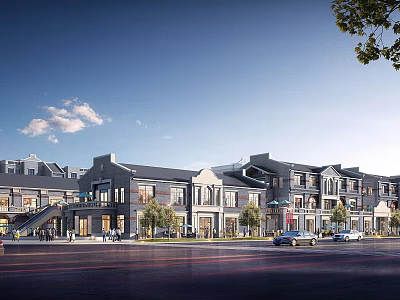 Traditional Modern Commercial Street Facade Design With Shops Trees Pedestrians And Cars 3d model