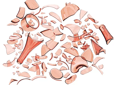 Shattered Wine Bottles and Glasses with Broken Fragments Scattered Across White Surface 3d model