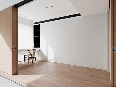 Bright Modern Study Room Interior With Wooden Flooring White Cabinets Blinds And Chair 3d model