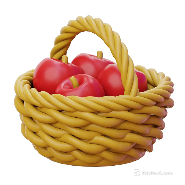 Beautiful Yellow Wicker Basket Filled With Juicy Red Apples And Fresh Fruit 3d model 