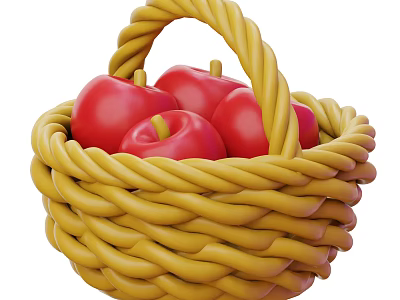Beautiful Yellow Wicker Basket Filled With Juicy Red Apples And Fresh Fruit 3d model