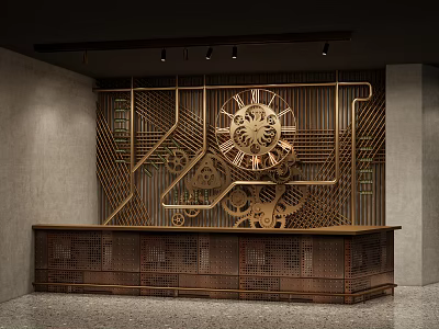 Vintage Wooden Bar Counter With Decorative Gear Panel And Carved Details 3d model