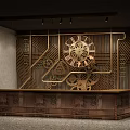 Vintage Wooden Bar Counter With Decorative Gear Panel And Carved Details