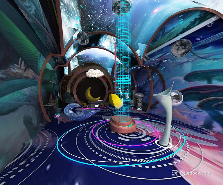 Futuristic Sci Fi Interior With Blue Light Beam Circular Structure And Planet Decorations 3d model 