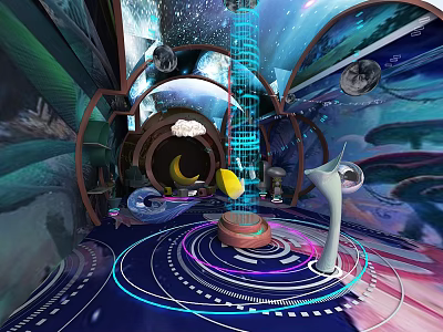 Futuristic Sci Fi Interior With Blue Light Beam Circular Structure And Planet Decorations 3d model