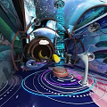 Futuristic Sci Fi Interior With Blue Light Beam Circular Structure And Planet Decorations