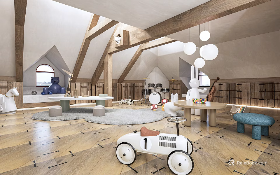Cozy Playroom Interior With Toy Car Stuffed Animals Wooden Tables And Bookshelves 3d model 