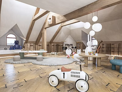 Cozy Playroom Interior With Toy Car Stuffed Animals Wooden Tables And Bookshelves 3d model