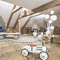 Cozy Playroom Interior With Toy Car Stuffed Animals Wooden Tables And Bookshelves