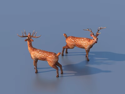 Two Spotted Deer 3D Model Figurines On Blue Background With Shadows 3d model