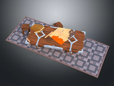 Wooden Tabletop Structure On Gray Checkered Rug With Orange Mat And Supports 3d model