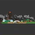 Miniature Landscape Home Decoration With Volcano Buildings Trees River And Smoke Details