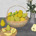 Fresh Ripe Pears in Wicker Basket with Sliced Pears and Roses Vase on Gray Tabletop