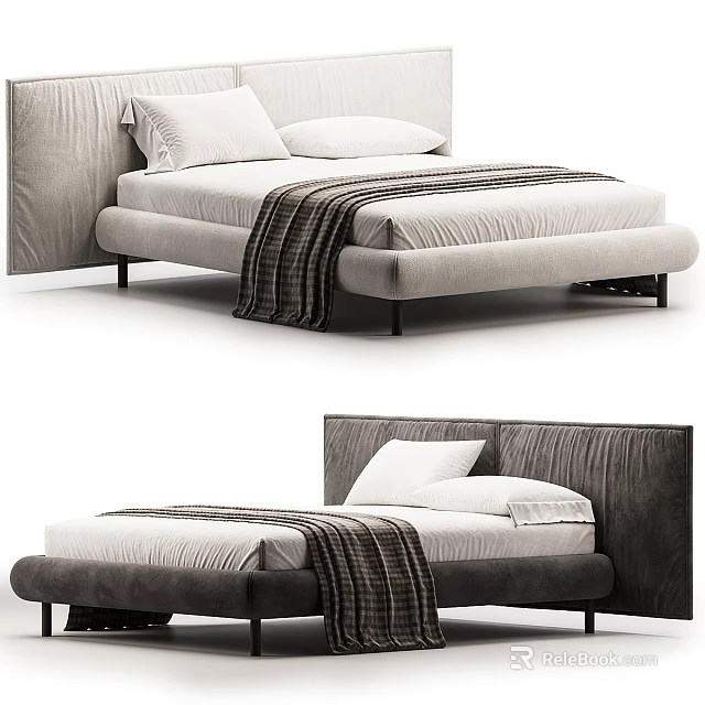 Minimalist Modern Double Bed Design With Upholstered Headboard White Pillows And Striped Blanket 3d model 