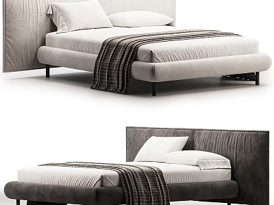Minimalist Modern Double Bed Design With Upholstered Headboard White Pillows And Striped Blanket 3d model