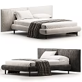 Minimalist Modern Double Bed Design With Upholstered Headboard White Pillows And Striped Blanket
