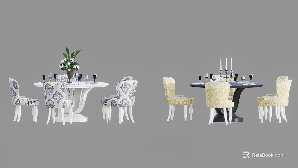 Stylish Patterned Dining Chairs In White Beige Black With Dining Table And Decor Elements 3d model 