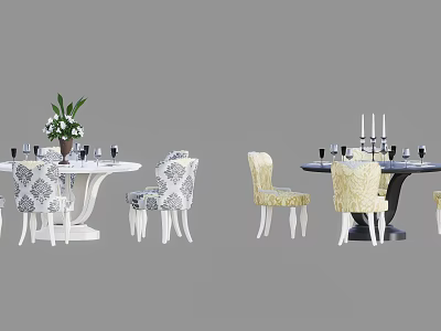 Stylish Patterned Dining Chairs In White Beige Black With Dining Table And Decor Elements 3d model