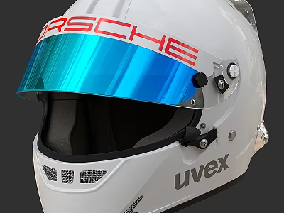 White Porsche Racing Helmet With Blue Visor And Uvex Brand Design 3d model