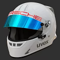 White Porsche Racing Helmet With Blue Visor And Uvex Brand Design