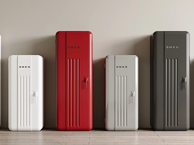 Different Colored Upright Refrigerators Freezers White Red Gray Black Arranged Against Wall 3d model