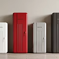 Different Colored Upright Refrigerators Freezers White Red Gray Black Arranged Against Wall