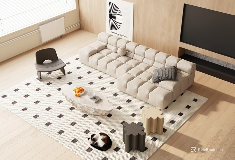 Modern Upholstered Sofa Coffee Table Set With Marble Top And Geometric Living Rug 3d model 