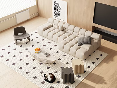 Modern Upholstered Sofa Coffee Table Set With Marble Top And Geometric Living Rug 3d model