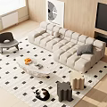 Modern Upholstered Sofa Coffee Table Set With Marble Top And Geometric Living Rug