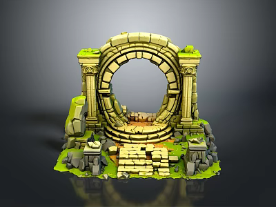 Ancient Stone Archway Structure With Pillars Steps And Greenery In Ruined Landscape 3d model