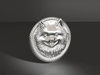 Silver Round Brooch Featuring Intricate Fox Design With Braided Edge Detail 3d model