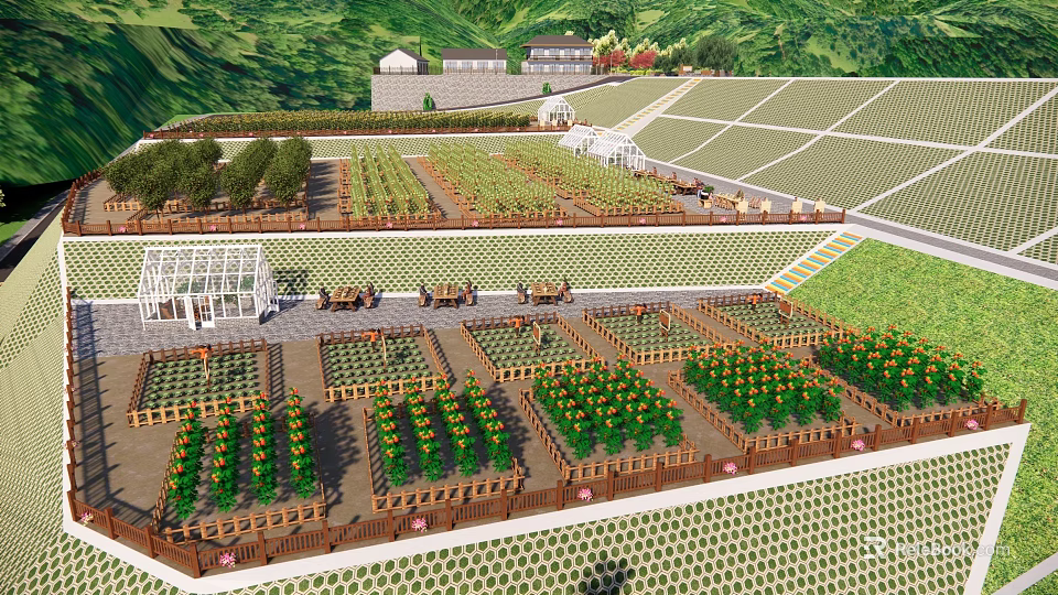 Well Designed Garden Landscape With Neat Planting Beds Greenhouse Wooden Fences And Terrace Layout 3d model 