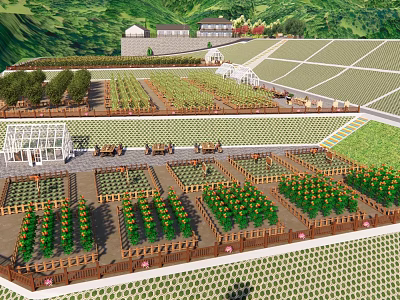 Well Designed Garden Landscape With Neat Planting Beds Greenhouse Wooden Fences And Terrace Layout 3d model