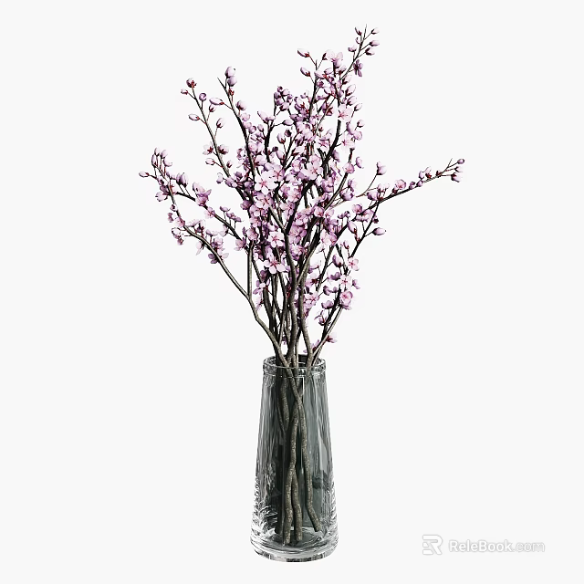 Transparent Glass Vase With Pink Flower Branches For Home Decoration 3d model 