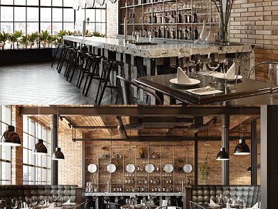 Industrial Modern Restaurant Interior With Brick Wall Bar Counter And Dining Tables 3d model