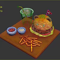 Teddy Bear Shaped Burger With Fries Red Drink Ketchup And Mayonnaise On Wooden Tray