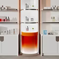 Stylish Cosmetic Display Shelves With White Orange Design Advertising Panels Lipsticks And Bottles