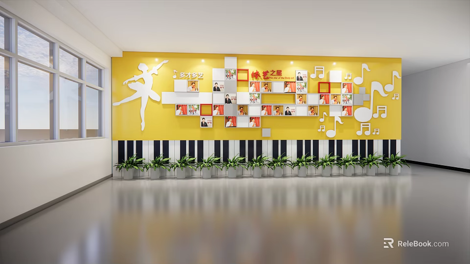 School Art Display Wall With Yellow Background Dancer Silhouette Music Notes Piano Keys Green Plants 3d model 