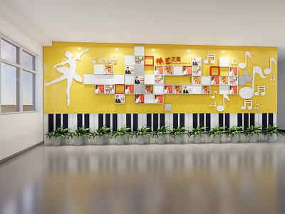 School Art Display Wall With Yellow Background Dancer Silhouette Music Notes Piano Keys Green Plants 3d model