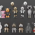 Stylish Dolls Collection Featuring Bear Astronaut Cat Shapes Gold Silver Transparent Materials And Decorative Balloons