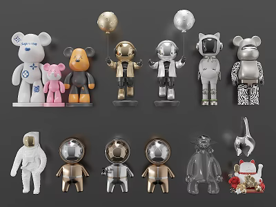 Stylish Dolls Collection Featuring Bear Astronaut Cat Shapes Gold Silver Transparent Materials And Decorative Balloons 3d model