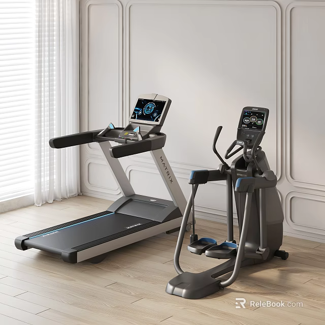 Sports Equipment Including Treadmill And Elliptical Trainer With Digital Screens In Modern Room 3d model 