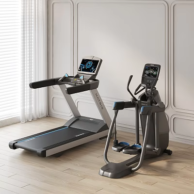 Sports Equipment Including Treadmill And Elliptical Trainer With Digital Screens In Modern Room 3d model