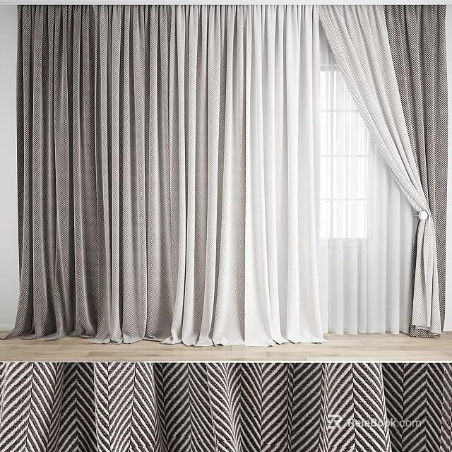 Gray And White Herringbone Pattern Curtains With Sheer Layers And Window Drapery For Home Decor 3d model 