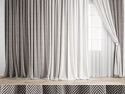 Gray And White Herringbone Pattern Curtains With Sheer Layers And Window Drapery For Home Decor 3d model
