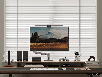 Home Office Desk Setup With Computer Monitor Scenic Wallpaper White Blinds And Accessories 3d model