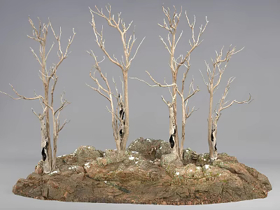 Stone and Wood Landscape Model Featuring Leafless Trees on Earth Base 3d model