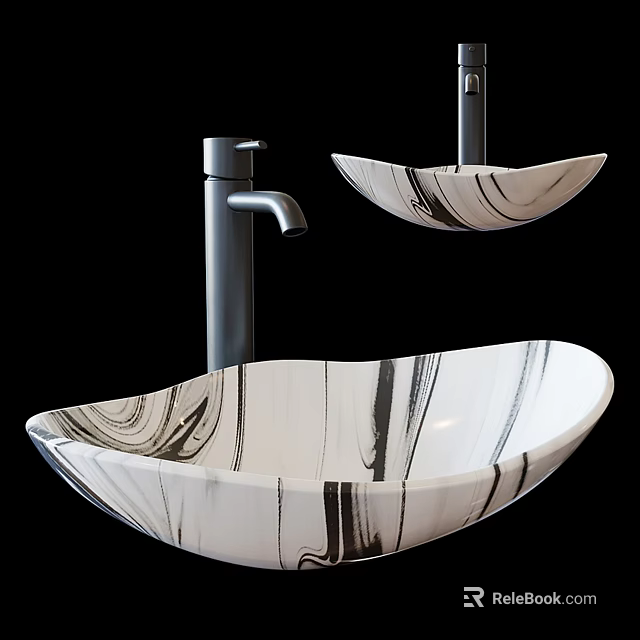 Two Modern White Marble Pattern Vessel Washbasins with Black Faucet and Sleek Design 3d model 