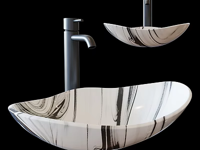 Two Modern White Marble Pattern Vessel Washbasins with Black Faucet and Sleek Design 3d model
