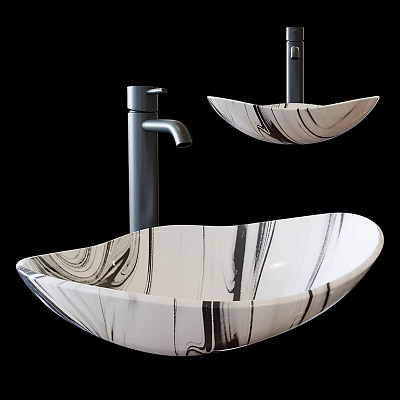 Two Modern White Marble Pattern Vessel Washbasins with Black Faucet and Sleek Design 3d model